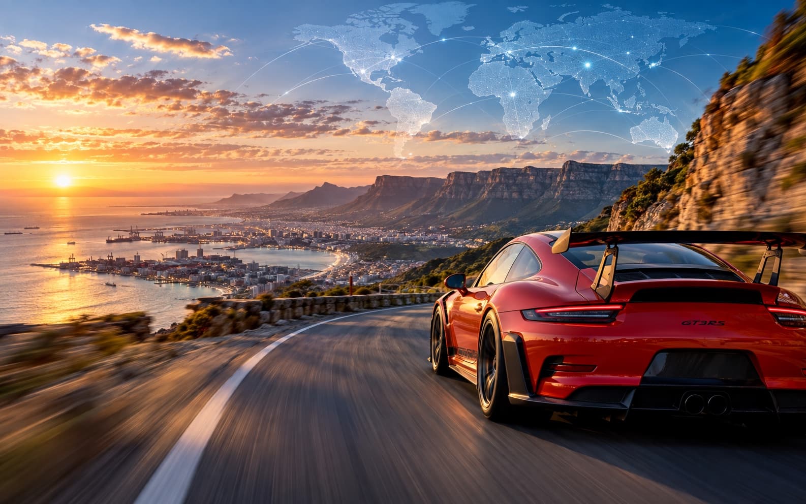 A red Porsche 911 GT3 RS on a coastal road above Cape Town at sunset