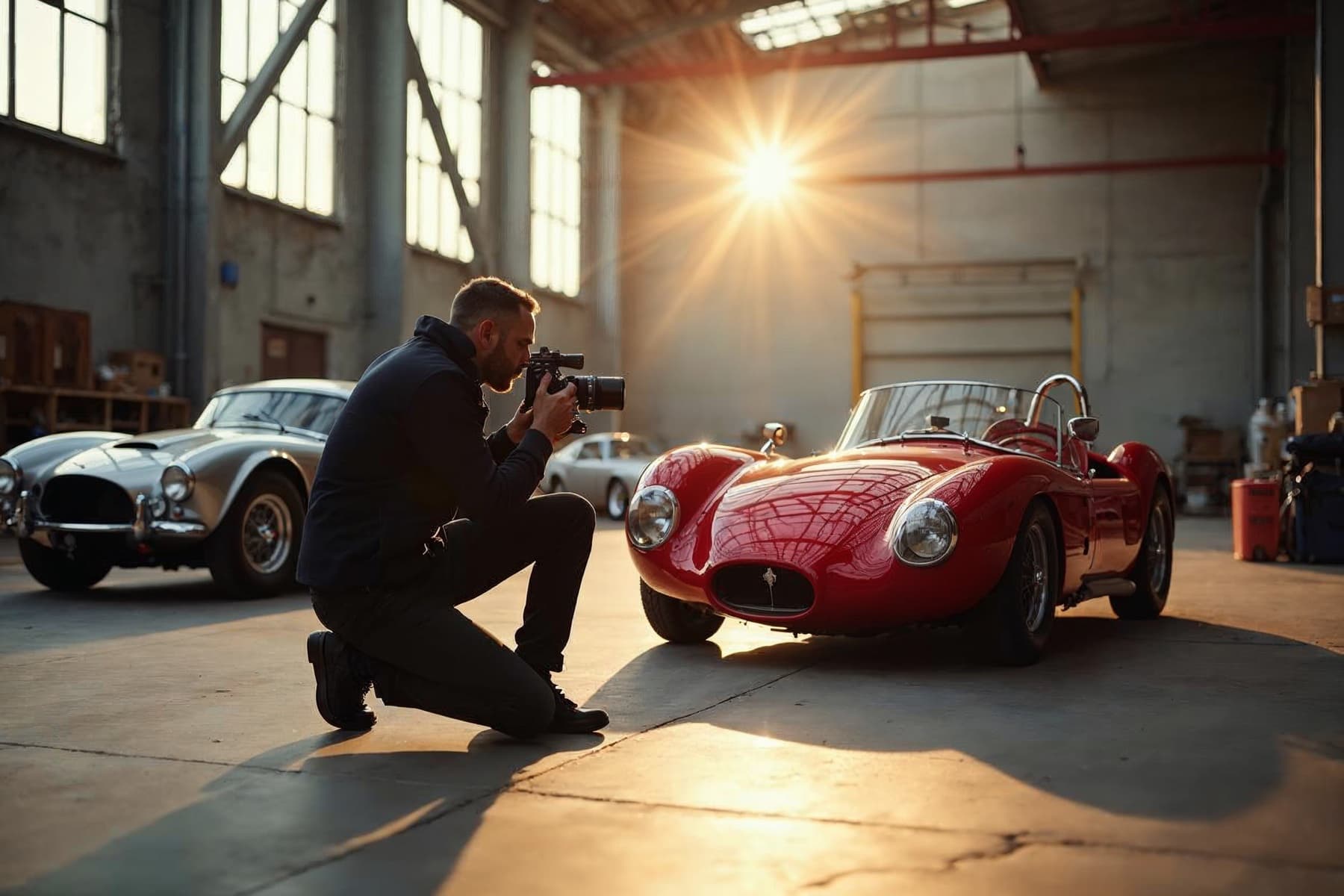 A motoring photographer kneels to photograph a red classic roadster in a sunlit workshop