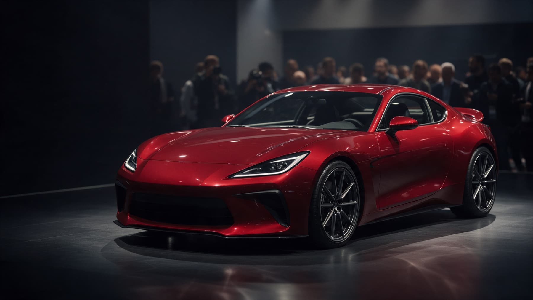 A red sports car on a motor show stand under spotlights, with photographers and a crowd behind it